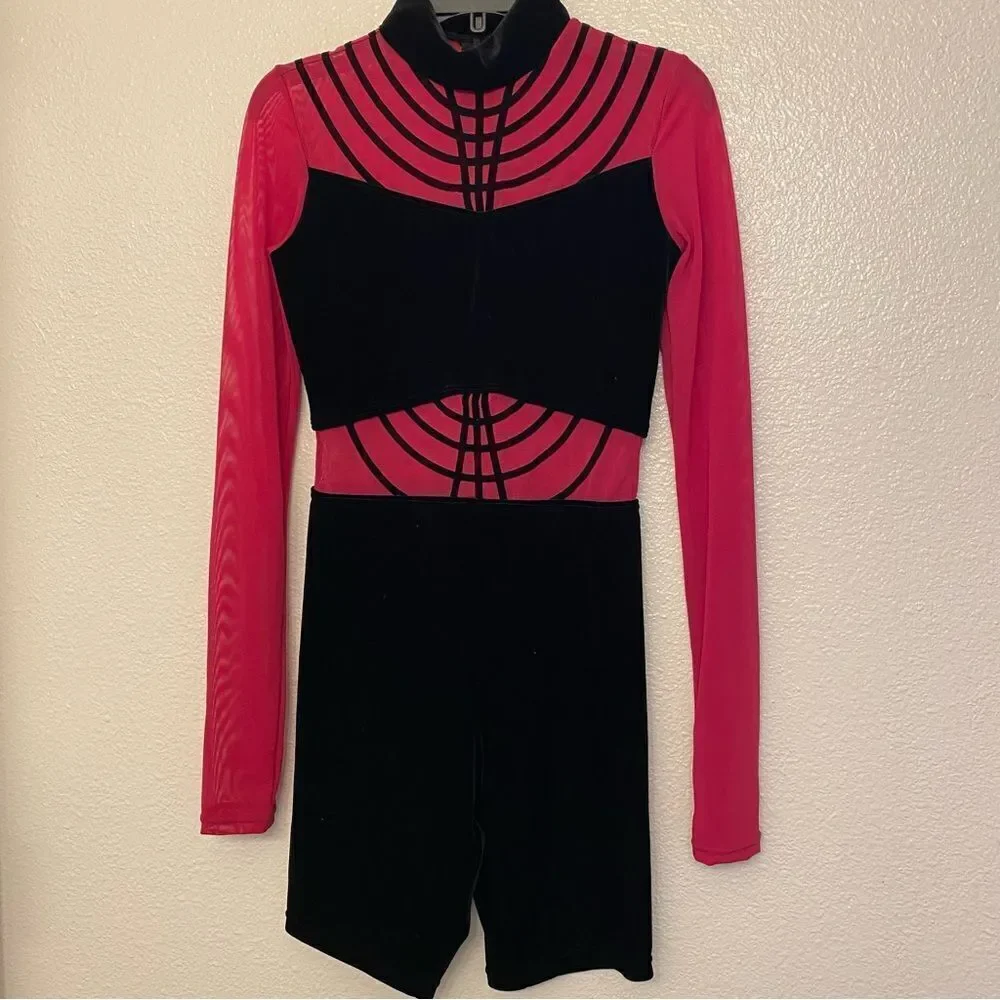 WEISSMAN Elite Dance Costume unitard red black velvet To Be Loved 14115 XSA